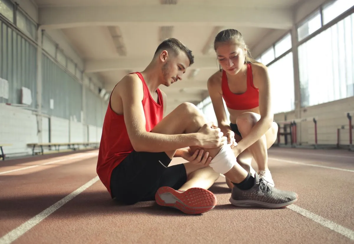 A trainer assessing an athlete's knee on a running track